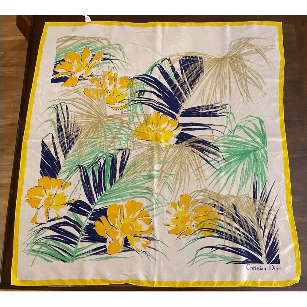Dior Floral Print Scarf in Yellow and Green